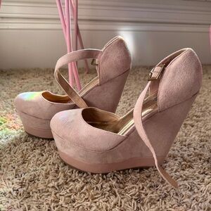 Charlotte Russe Women's Pastel Baby Pink Suede Platform Mary Jane Wedge Heels